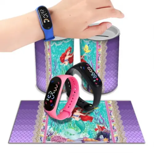 Kit Lembrancinha Pequena Sereia Ariel Relógio + Cofrinho | Lembrancinha Festa Infantil
