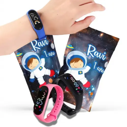 Saquinho Metalizado Ziplock Astronauta Relógio no Personalizado | Lembrancinha Festa Infantil