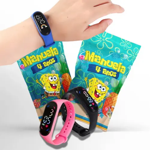 Saquinho Metalizado Ziplock Bob Esponja Relógio no Personalizado | Lembrancinha Festa Infantil