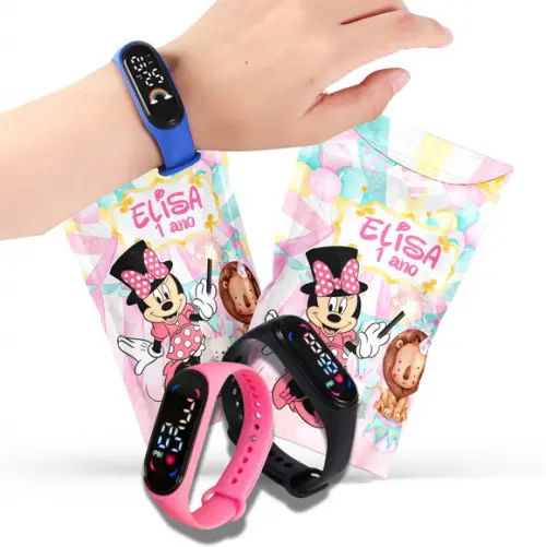 Saquinho Metalizado Ziplock Circo da Minnie Rosa Relógio no Personalizado | Lembrancinha Festa Infantil