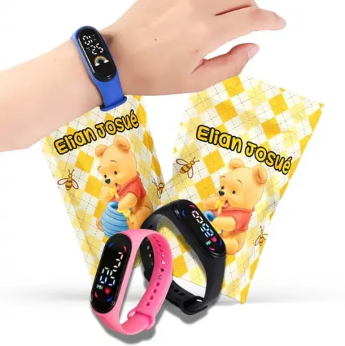 Saquinho Metalizado Ziplock Ursinho Pooh Relógio no Personalizado | Lembrancinha Festa Infantil