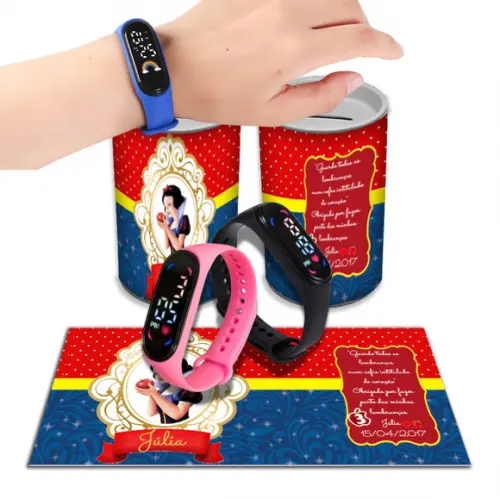 Lembrancinhabranca de Neve Relógio Digital no Cofrinho | Lembrancinha Festa Infantil
