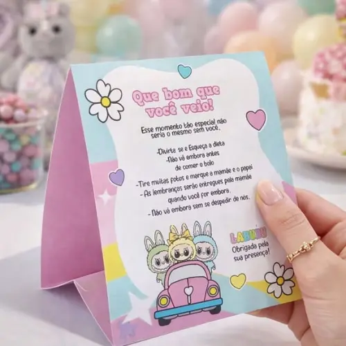 Placa de Agradecimento Labubu Centro de Mesa Personallizado | Lembrancinha Festa Infantil