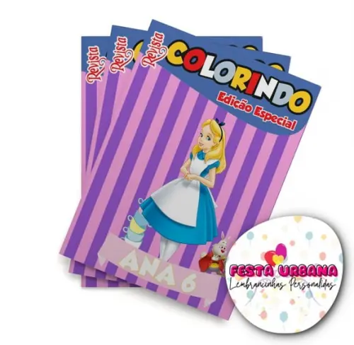 Livro de Colorir Alice no País das Maravilhas 14x10 Personalizado | Kit Colorir Infantil | Lembrancinha Festa Infantil