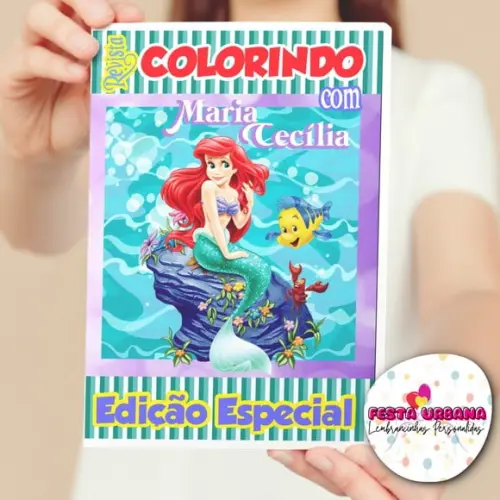Livro de Colorir s Ariel Pequena Sereia Tam G 15x21 Cm Personalizado | Kit Colorir Infantil | Lembrancinha Festa Infa...