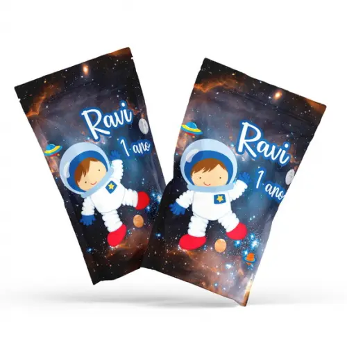 Saquinho Metalizado Ziplock Astronauta Menino G 12 X20 cm Personalizado | Lembrancinha Festa Infantil