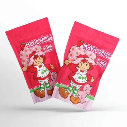 Saquinho Metalizado Ziplock Moranguinho G 12 x 20 cm Personalizado | Lembrancinha Festa Infantil