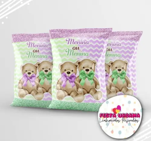 Saquinho Chá Revelação Ursinho Lilás e Verde Personalizado | Lembrancinha Festa Infantil