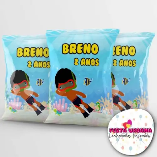 Saquinho Fundo do Mar Menino Negro Personalizado | Lembrancinha Festa Infantil