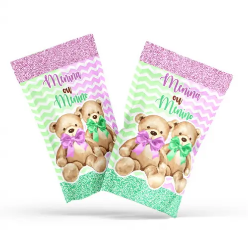 Saquinho Metalizado Ziplock Zip Lock Chá Revelação Ursinhos Lilás G 12 X20 cm Personalizado | Lembrancinha Festa Infa...