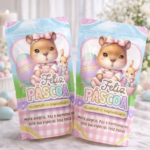 Saquinho Metalizado Ziplock Zip Páscoa Capivara Candy G 12 X20 cm Personalizado | Lembrancinha Festa Infantil