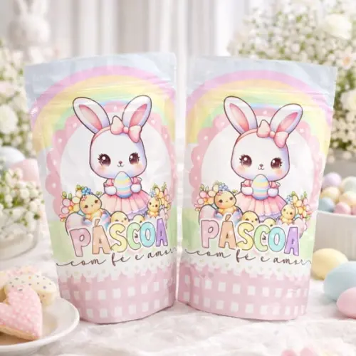 Saquinho Metalizado Ziplock Zip Páscoa Coelhinha Candy G 12 X20 cm Personalizado | Lembrancinha Festa Infantil