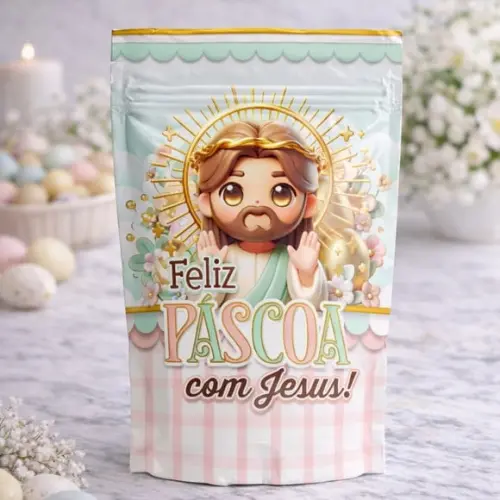 Saquinho Metalizado Ziplock Zip Páscoa Cristã G 12 X20 cm Personalizado | Lembrancinha Festa Infantil