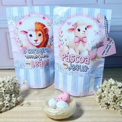 Saquinho Metalizado Ziplock Zip Páscoa Cristã Leão e Cordeiro 