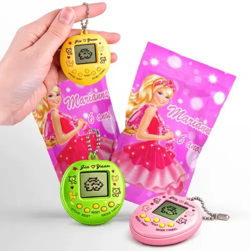 Saquinho Metalizado Ziplock Tamagotchi Barbie Bichinho Virtual no Zip Personalizado | Lembrancinha Festa Infantil