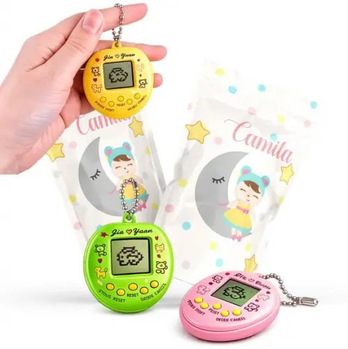 Saquinho Metalizado Ziplock Tamagotchi Boneca Metoo Bichinho Virtual no Zip Personalizado | Lembrancinha Festa Infantil
