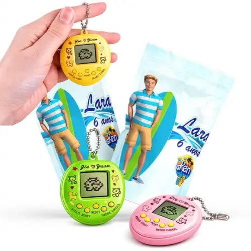Saquinho Metalizado Ziplock Tamagotchi Ken Barbie Bichinho Virtual no Zip Personalizado | Lembrancinha Festa Infantil