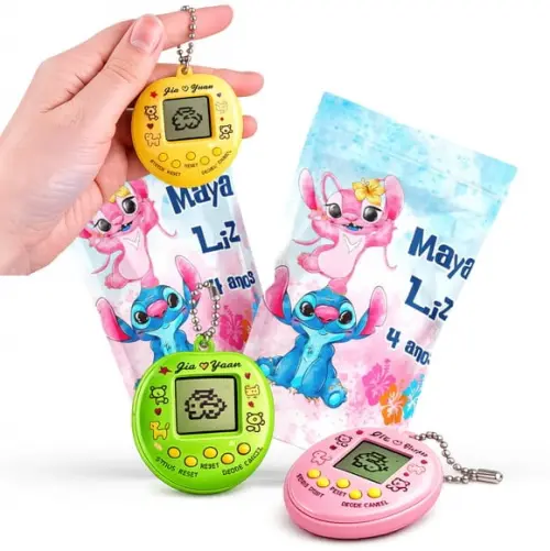 Saquinho Metalizado Ziplock Tamagotchi Stitch e Angel Bichinho Virtual no Zip Personalizado | Lembrancinha Festa Infa...