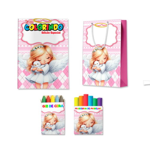 Kit Colorir com Massinha e Sacola Batizado Rosa Menina Anjo | Lembrancinha Festa Infantil