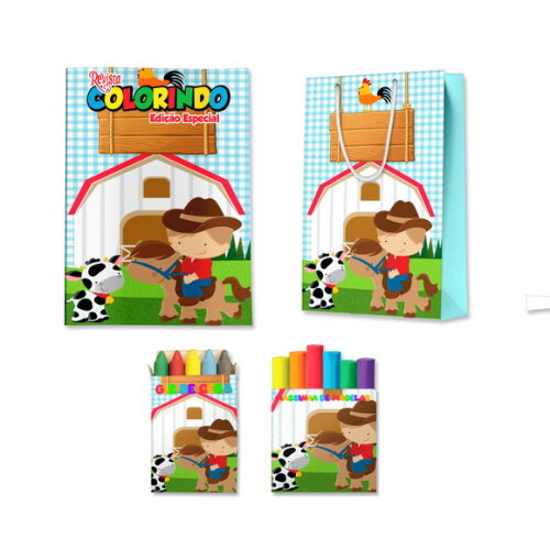 Kit Colorir com Massinha e Sacola Fazendinha Menino | Lembrancinha Festa Infantil