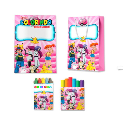 Kit Colorir com Massinha e Sacola Pokémon Rosa | Lembrancinha Festa Infantil