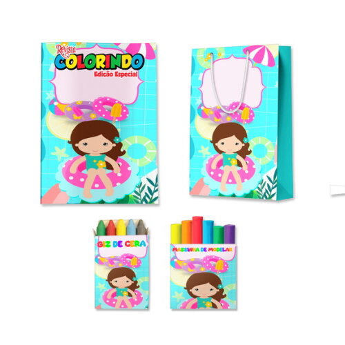 Kit Colorir com Massinha e Sacola Pool Party Menina | Lembrancinha Festa Infantil