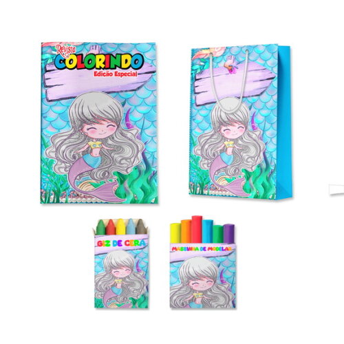Kit Colorir com Massinha e Sacola Sereia Cute Baby | Lembrancinha Festa Infantil