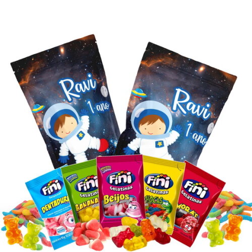 Fini Personalizado Astronauta no Saquinho Metalizado Zip Lock no Saquinho Metalizado | Lembrancinha Infantil