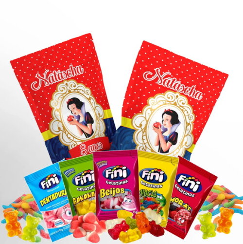 Fini Personalizado Branca de Neve no Saquinho Metalizado Zip Lock no Saquinho Metalizado | Lembrancinha Infantil