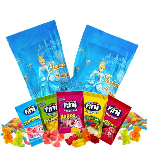 Fini Personalizado Cinderela no Saquinho Metalizado Zip Lock no Saquinho Metalizado | Lembrancinha Infantil