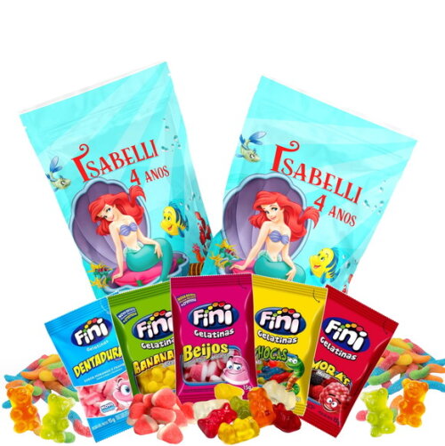 Fini Personalizado Pequena Sereia Ariel no Saquinho Metalizado Zip Lock no Saquinho Metalizado | Lembrancinha Infantil