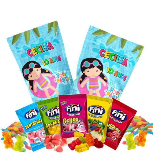 Fini Personalizado Pool Party Menina no Saquinho Metalizado Zip Lock no Saquinho Metalizado | Lembrancinha Infantil
