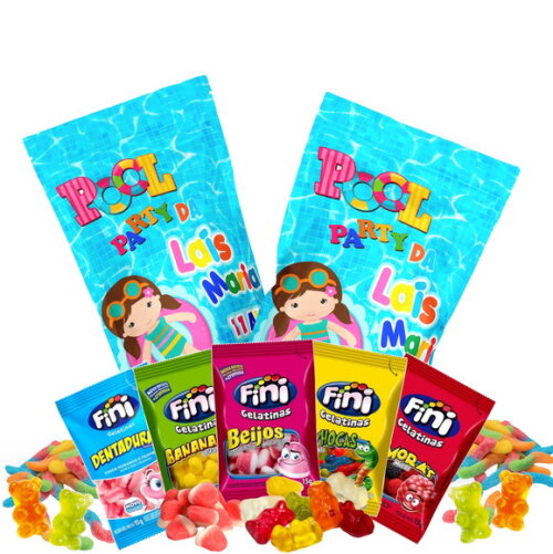 Fini Personalizado Pool Party Menina no Saquinho Metalizado Zip Lock no Saquinho Metalizado | Lembrancinha Infantil