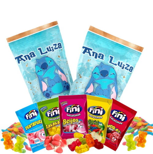 Fini Personalizado Stitch no Saquinho Metalizado Zip Lock no Saquinho Metalizado | Lembrancinha Infantil