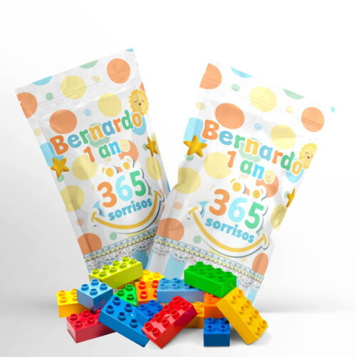 Blocos de Montar 365 Sorrisos no Saquinho Metalizado no Saquinho Personalizado | Lembrancinha Infantil