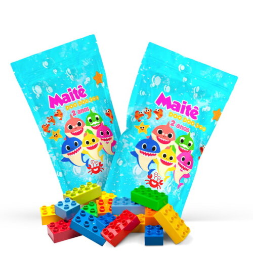 Blocos de Montar Baby Shark no Saquinho Metalizado Zip Lock no Saquinho Personalizado | Lembrancinha Infantil