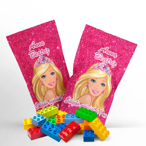 Blocos de Montar Barbie no Saquinho Metalizado Zip Lock no Saquinho Personalizado | Lembrancinha Infantil