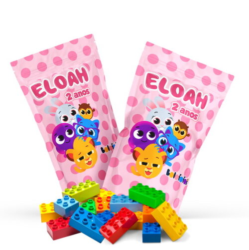 Blocos de Montar Bolofofos Rosa no Saquinho Metalizado Zip no Saquinho Personalizado | Lembrancinha Infantil