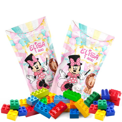 Blocos de Montar Circo Rosa da Minnie no Saquinho Metalizado no Saquinho Personalizado | Lembrancinha Infantil