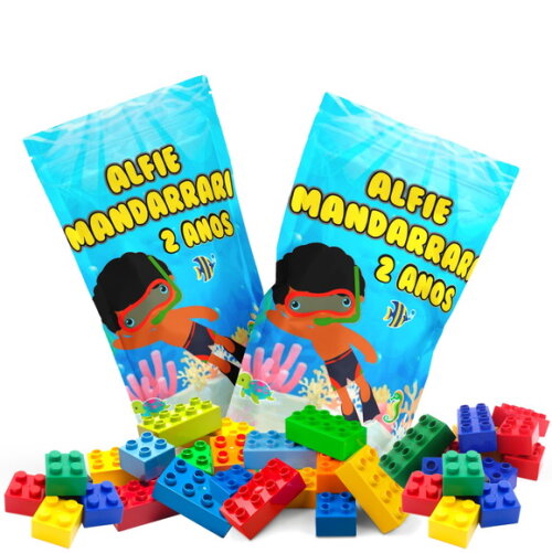 Blocos de Montar Fundo do Mar Menino no Saquinho Metalizado no Saquinho Personalizado | Lembrancinha Infantil
