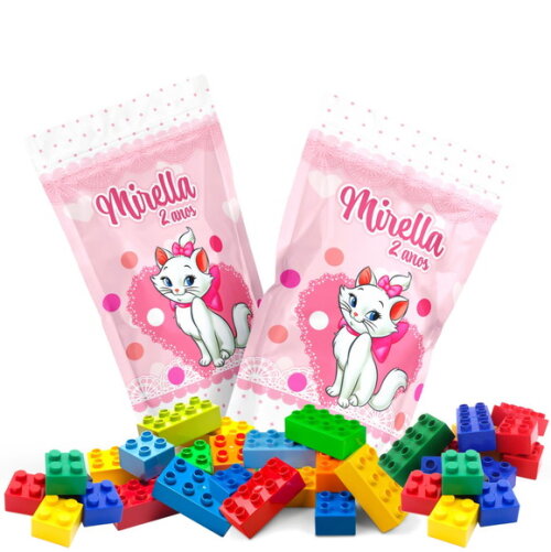 Blocos de Montar Gatinha Marie no Saquinho Metalizado no Saquinho Personalizado | Lembrancinha Infantil
