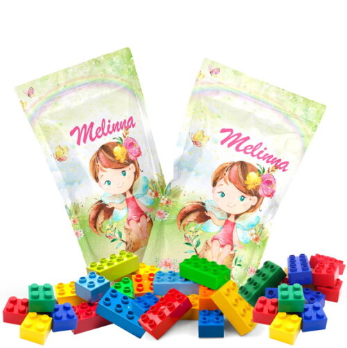 Blocos de Montar Jardim de Fadas no Saquinho Metalizado no Saquinho Personalizado | Lembrancinha Infantil