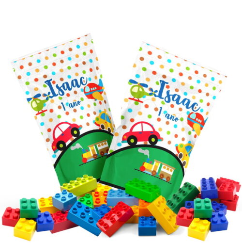Blocos de Montar Meio de Transportes no Saquinho Metalizado no Saquinho Personalizado | Lembrancinha Infantil