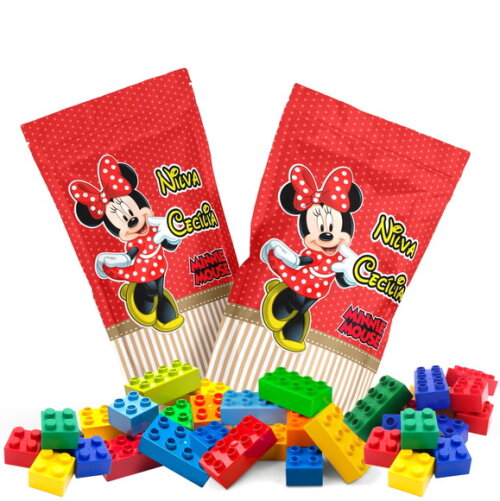Blocos de Montar Minnie Vermelha no Saquinho no Saquinho Personalizado | Lembrancinha Infantil