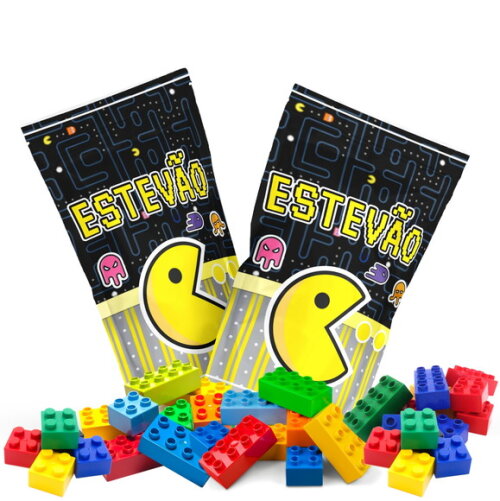 Blocos de Montar Pacman no Saquinho Metalizado no Saquinho Personalizado | Lembrancinha Infantil