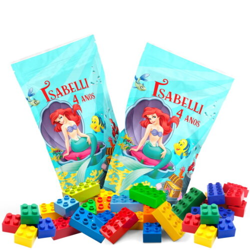 Blocos de Montar Pequena Sereia Ariel no Saquinho Metalizado no Saquinho Personalizado | Lembrancinha Infantil