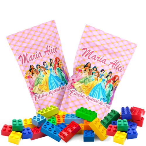 Blocos de Montar Princesas Disney no Saquinho Metalizado no Saquinho Personalizado | Lembrancinha Infantil