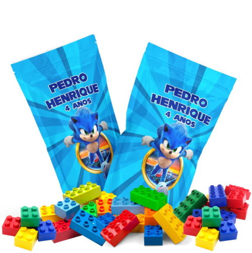 Blocos de Montar Sonic no Saquinho Metalizado no Saquinho Personalizado | Lembrancinha Infantil