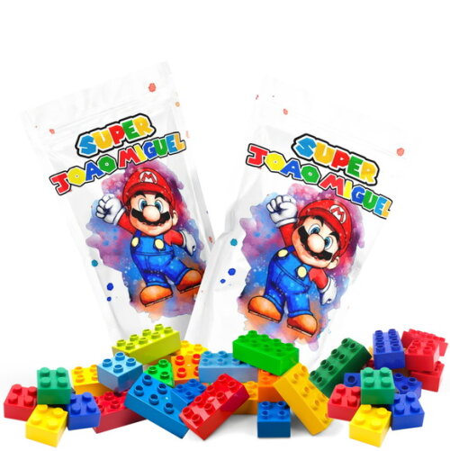 Blocos de Montar Super Mario no Saquinho Metalizado no Saquinho Personalizado | Lembrancinha Infantil