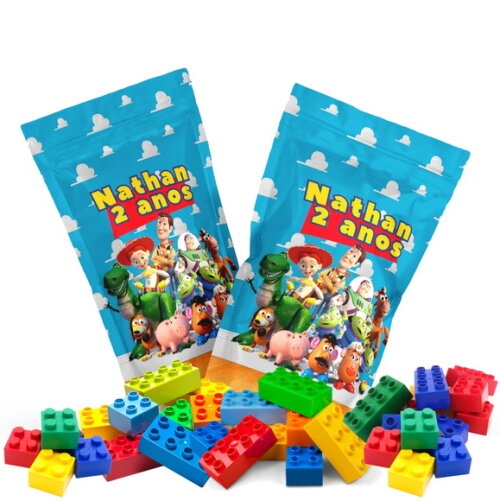 Blocos de Montar Toy Story no Saquinho Metalizado no Saquinho Personalizado | Lembrancinha Infantil